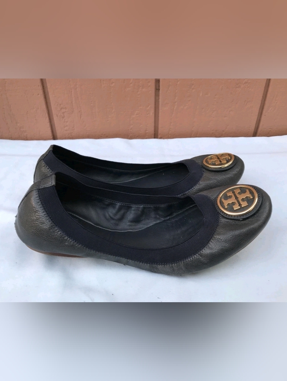 Tory Burch Allie Gray Leather Adjustable Ballet Flats Gold Logo Size US 9M